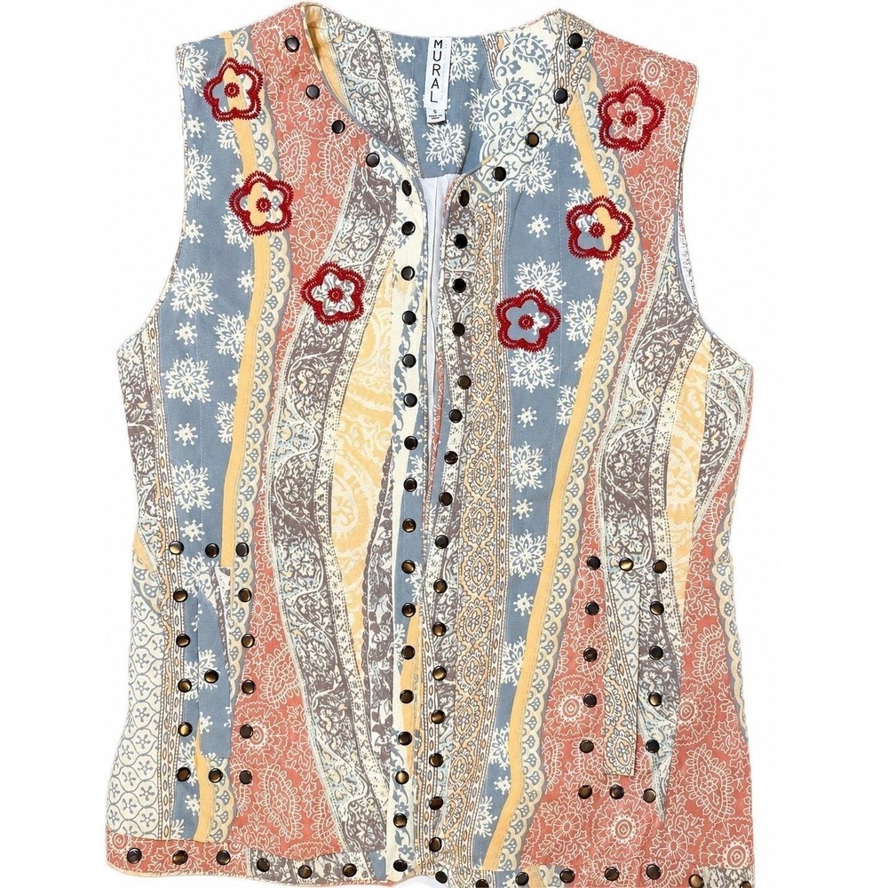 Mural Arts Embroidered Studded Boho Vest Womens Small Festival Hippie Patchwork